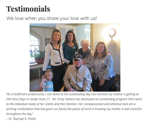 Testimonials! - Old Glory Days has been in business since 2013, as an adult day center. We have recently expanded to also have a senior home, a licensed Assisted Living for only 6 seniors.
At Old Glory Days we pride ourselves on having a cozy, home-like environment. Our small spaces are designed to feel like home and not be over-stimulating or overwhelming for those with cognitive impairments. Because of our size, we are also able to offer individualized care and attention to better meet the adults’ needs.
Our main goal is to keep seniors out of an institutional setting and spending their days in a comfortable, relaxed space. Old Glory Days offers a family environment with a living room, dining room, kitchen and patio. Testimonials! - Old Glory Days has been in business since 2013, as an adult day center. We have recently expanded to also have a senior home, a licensed Assisted Living for only 6 seniors.
At Old Glory Days we pride ourselves on having a cozy, home-like environment. Our small spaces are designed to feel like home and not be over-stimulating or overwhelming for those with cognitive impairments. Because of our size, we are also able to offer individualized care and attention to better meet the adults’ needs.
Our main goal is to keep seniors out of an institutional setting and spending their days in a comfortable, relaxed space. Old Glory Days offers a family environment with a living room, dining room, kitchen and patio.