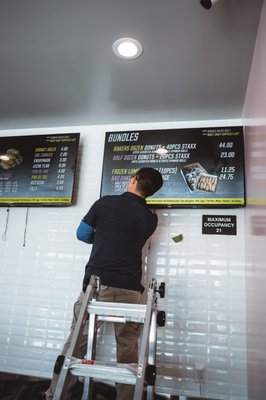 TV and Digital Menu Board Installation at BAD Bakers Bakery - Digital menu boards improve the appearance of a restaurant, differentiate a location from its competitors, and make things easier for both staff and customers. 

Seeing photos of menu items helps customers make decisions because they can see what they are ordering, and it can also guide ordering habits.

If you’re interested please contact us at (916)500-9693 or email us at paule@marvelaudio.com for a free consultation via phone or on your property or establishment.

You can also find us on Instagram @marvelaudio and at www.marvelaudio.com.

#hometheater #tvmounting #tvmountingsacramento #homecinema #oled #videophile #eldoradohills #folsom #hometheatre #digitalmenuboards