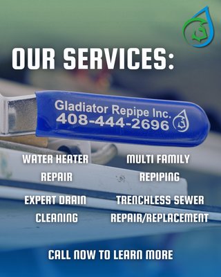 Your Home, Our Priority - Our Services
Gladiator Repipe, Inc. proudly serves the Bay Area with a full range of plumbing solutions designed to keep your home or property running smoothly. Our specialties include whole-home repiping, water heater installation and repair, drain cleaning, sewer line inspection and replacement, and fixture installations.

We understand plumbing problems can strike at any time, which is why we offer 24/7 emergency service for urgent needs. Our licensed team works on all property types, from Eichler and single-family homes to duplexes, condos, and multi-family units.

With fixed-rate pricing, same-day availability, and financing options, we make it simple to get quality plumbing service without surprises. Every job is backed by our commitment to professional workmanship, clear communication, and lasting results.