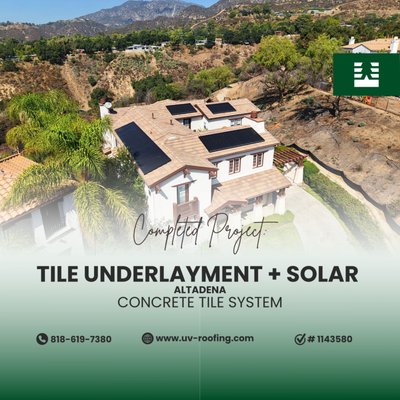 Tile Underlayment + Solar – Altadena - Complete tile underlayment replacement and solar installation in Altadena. The existing concrete tile roof was reinforced for waterproofing, ventilation, and long-term durability. Clean solar layout designed to complement the home’s architecture and maximize energy performance in California’s sun-exposed hillside. Tile Underlayment + Solar – Altadena - Complete tile underlayment replacement and solar installation in Altadena. The existing concrete tile roof was reinforced for waterproofing, ventilation, and long-term durability. Clean solar layout designed to complement the home’s architecture and maximize energy performance in California’s sun-exposed hillside.