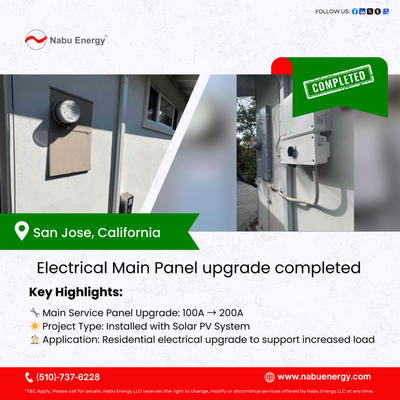Main Panel Upgrade - Ensure your home’s safety and efficiency with a professional Main Panel Upgrade from Nabu Energy.
Upgrading your main panel increases capacity for high-power appliances and EV chargers while protecting your property from electrical hazards.
Our certified technicians manage the entire process—including permitting and installation—with minimal disruption to your home.
Beyond safety, a professional upgrade increases your home’s value and provides peace of mind knowing your electrical infrastructure is robust and reliable. Main Panel Upgrade - Ensure your home’s safety and efficiency with a professional Main Panel Upgrade from Nabu Energy.
Upgrading your main panel increases capacity for high-power appliances and EV chargers while protecting your property from electrical hazards.
Our certified technicians manage the entire process—including permitting and installation—with minimal disruption to your home.
Beyond safety, a professional upgrade increases your home’s value and provides peace of mind knowing your electrical infrastructure is robust and reliable.