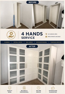 Closet Assembly & Installation (IKEA Style Wardrobe) - Full closet assembly and installation.
We transformed an empty space into a functional wardrobe with doors, clean alignment, and secure installation. Closet Assembly & Installation (IKEA Style Wardrobe) - Full closet assembly and installation.
We transformed an empty space into a functional wardrobe with doors, clean alignment, and secure installation.