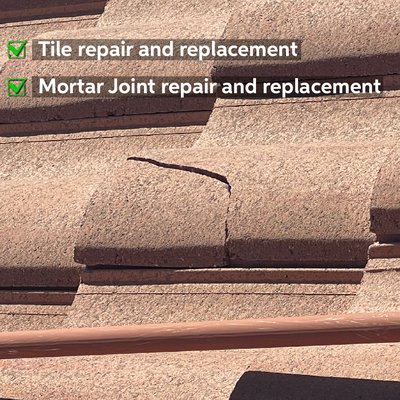 Tile repair and replacement- Mortar joint repair and replacement - We repair broken, cracked, chipped, shifted and loose tiles on your roof.
Additionally we repair and replace cracked and broken mortar joints