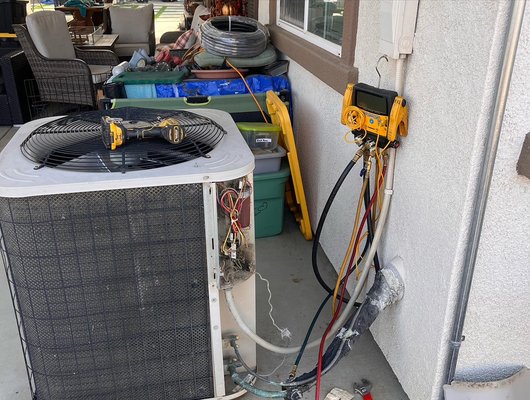 Condenser Re-located from patio to side of house. - This was a fun project, moved condenser from back patio to side yard. Condenser Re-located from patio to side of house. - This was a fun project, moved condenser from back patio to side yard.