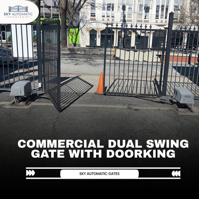 Commercial dual swing gate with DoorKing - Commercial dual swing gates with DoorKing access control systems are a complete entry management solution for businesses that need controlled access, audit trails, and multiple credential types at a single gate entrance. Sky Automatic Gates installs and services DoorKing-equipped gate systems throughout the Bay Area.

DoorKing is a leading access control brand for commercial gate applications. Their systems support a range of entry methods including telephone entry, keypad codes, proximity cards, and remote transmitters. The telephone entry feature allows visitors to call a resident or staff member from the gate — the called party can then open the gate from any phone, without needing to be on-site. For multi-tenant commercial properties, this eliminates the need to distribute and manage physical credentials for every visitor.

The dual swing gate configuration provides a wide, clear opening for vehicles while presenting a substantial visual barrier when closed. Commercial operators on each panel are sized for the gate's weight and the property's expected daily cycle count. We synchronize the two operators so the panels open and close together smoothly.

Sky Automatic Gates programs the DoorKing system, adds initial user accounts, and trains the property manager on system administration before completing every commercial installation.

Call Sky Automatic Gates for a free commercial gate and access control estimate. We serve Redwood City, San Jose, San Francisco, Oakland, Palo Alto, and the Bay Area.

commercial dual swing gate, DoorKing gate, DoorKing access control, telephone entry gate, commercial gate access control, commercial gate installation, Sky Automatic Gates gate, Bay Area gate, commercial swing gate, dual swing commercial gate, gate access system, DoorKing system, DoorKing telephone entry, DoorKing keypad, DoorKing proximity card, DoorKing remote, commercial gate operator, commercial gate motor, high cycle commercial gate, gate synchronization, dual operator gate, commercial gate contractor, commercial gate installer, commercial gate company, commercial property gate, business gate, commercial access control, multi-tenant gate, commercial gate estimate, free estimate, commercial gate cost, commercial gate price, gate programming, gate user management, gate audit trail, gate credential, commercial gate Bay Area, Redwood City commercial gate, San Jose commercial gate, San Francisco commercial gate, Oakland commercial gate, Palo Alto commercial gate, Silicon Valley commercial gate, commercial gate specialist, commercial gate expert, gate technician, gate service, gate repair, gate maintenance, service contract, commercial gate near me, Sky Automatic Gates Bay Area