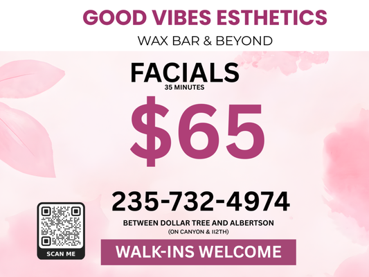Welcome Offer - New Customer Special 🌸
First time visiting Good Vibes Esthetics? Enjoy exclusive introductory pricing on our most popular services:
• Brazilian Wax – $50
• Brow Shaping (Threading/Waxing) – $8
• Threading & Tinting – $30
• Brow Lamination + Threading & Tinting – $70
• Facials (40 min) – $65
• Lash Lift & Tint – $70
Experience personalized care, quality products, and a relaxing atmosphere designed to help you feel confident and refreshed.
✨ Ask about package deals
🎁 Gift cards available
Book your first visit and feel the good vibes! Welcome Offer - New Customer Special 🌸
First time visiting Good Vibes Esthetics? Enjoy exclusive introductory pricing on our most popular services:
• Brazilian Wax – $50
• Brow Shaping (Threading/Waxing) – $8
• Threading & Tinting – $30
• Brow Lamination + Threading & Tinting – $70
• Facials (40 min) – $65
• Lash Lift & Tint – $70
Experience personalized care, quality products, and a relaxing atmosphere designed to help you feel confident and refreshed.
✨ Ask about package deals
🎁 Gift cards available
Book your first visit and feel the good vibes!