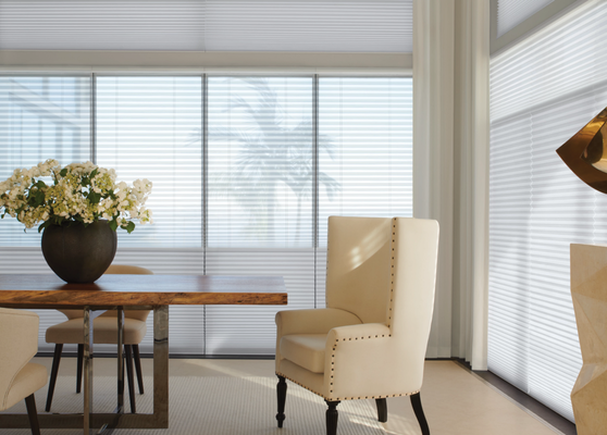Cellular / Honeycomb Shades - Cellular shades, also known as honeycomb shades, are window treatments made from folded fabric cells that trap air, providing insulation for energy efficiency and noise reduction. Their unique design offers versatile light control options, from sheer to blackout, and can be customized with features like cordless operation and top-down/bottom-up functionality. Cellular shades are popular for their sleek, minimalist design, lightweight operation, and ability to enhance comfort and lower energy bills in both residential and commercial settings.