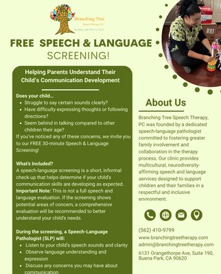 Free Speech-Language Screening - Our free speech-language screening is a brief, no-obligation opportunity to explore communication strengths and areas where support may be helpful. Screenings are neuroaffirming and strengths-based, designed to honor each individual’s unique communication style rather than compare them to a single “norm.”
During the screening, a licensed speech-language pathologist will observe communication, discuss concerns and goals, and determine whether a full evaluation or services may be recommended. This is not a diagnosis, but a helpful first step in understanding next steps. Free Speech-Language Screening - Our free speech-language screening is a brief, no-obligation opportunity to explore communication strengths and areas where support may be helpful. Screenings are neuroaffirming and strengths-based, designed to honor each individual’s unique communication style rather than compare them to a single “norm.”
During the screening, a licensed speech-language pathologist will observe communication, discuss concerns and goals, and determine whether a full evaluation or services may be recommended. This is not a diagnosis, but a helpful first step in understanding next steps.