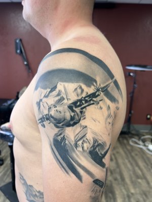 Healed bomber and her refueling plane - Stephen came in with a rad idea to capture his love for all things airplanes and jets. Stephen served in the airforce, what you’re seeing here is is the healed bomber and mountain, and a jet being refueled. More to come soon! Healed bomber and her refueling plane - Stephen came in with a rad idea to capture his love for all things airplanes and jets. Stephen served in the airforce, what you’re seeing here is is the healed bomber and mountain, and a jet being refueled. More to come soon!