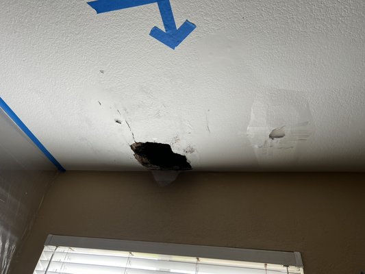 Water damage to ceiling. - Water damage to ceiling from recent rains. Water damage to ceiling. - Water damage to ceiling from recent rains.