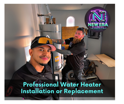 Professional water heater installation by the New Era Plumbing team. - Expert Repairs, Replacements & Installations
A reliable water heater is essential for daily comfort—whether it’s for hot showers, dishwashing, or laundry. If you’re experiencing lukewarm water, leaks, or unusual noises from your water heater, it may be time for a repair or replacement. At New Era Plumbing LLC, we specialize in water heater repairs, installations, and maintenance to keep your hot water flowing efficiently.

We provide professional, affordable, and energy-efficient water heater solutions for homes and businesses in Mesa, AZ, and surrounding areas. Whether you need a tank or tankless water heater, our experienced team will recommend the best system for your needs.

Signs Your Water Heater Needs Service
🔥 Inconsistent Water Temperature – If your water fluctuates between hot and cold, your heating element or thermostat may be failing.

🔥 Strange Noises – Rumbling or popping sounds can indicate sediment buildup, reducing efficiency.

🔥 Rusty or Discolored Water – Brown or rusty water may signal corrosion inside the tank.

🔥 Leaks or Water Pooling – Water around the base of your heater is a clear sign of a leak.

🔥 High Energy Bills – A struggling water heater can drive up your energy costs.
