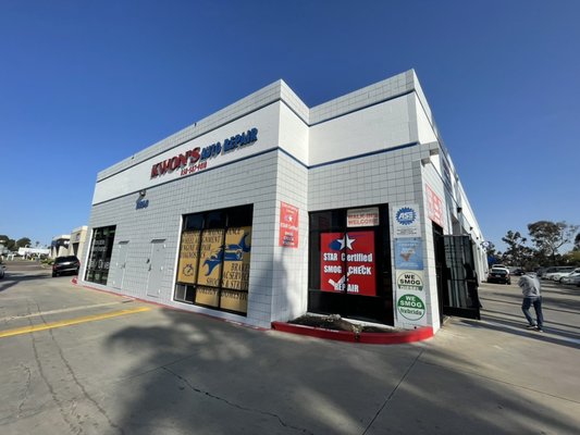 Miramar Auto Center - This project is the Miramar Auto Center consisting of 3 large commercial buildings on Miramar Road in San Diego. The substrates painted consisted of the gray brick, the white signage area, the stripes separating the two, the pull up metal doors, the utility room doors, the black metal window mullions facing the south street, all surrounding red curbs with fire lane, and the yellow speed bumps around property. Project was done at night time between 6pm & 2am and took about 4 weeks to complete.