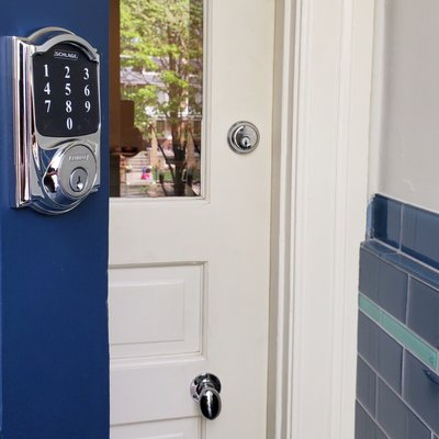 Lock installations - These locks were installed on a customer’s front and inner front doors. Front door lock is an electronic combination keypad lock, and inner door is a standard deadbolt lock, both keyed alike. At our suggestion, the customer purchased the locks on Amazon to save on material costs. The bright chrome finish complemented the other door hardware beautifully! A huge upgrade from what was on there before. Lock installations - These locks were installed on a customer’s front and inner front doors. Front door lock is an electronic combination keypad lock, and inner door is a standard deadbolt lock, both keyed alike. At our suggestion, the customer purchased the locks on Amazon to save on material costs. The bright chrome finish complemented the other door hardware beautifully! A huge upgrade from what was on there before.