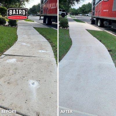 Leveling and Sealing Driveway and Sidewalk in Universal City, TX - Challenge
This summer, a homeowner in Universal City, TX, reached out to Baird Foundation Repair with concerns about the increasing separation in their driveway's expansion joint. Given the harsh Texas summers, the homeowner was understandably worried about the potential consequences of leaving the issue unaddressed. Adding to the urgency, their homeowner's association had signaled that residents were responsible for maintaining the sidewalk on their property, and some sections of it were settling, calling for an immediate and reliable fix. 

Solution
Our expert team recommended our concrete protection system, a three-part solution using cutting-edge products. 

The first part is our PolyLevel system, offering an innovative solution to replace traditional mud jacking. By injecting high-grade polymer foam beneath the slab, we lift, level, and permanently stabilize your sinking concrete. This lightweight, waterproof material remains durable even after heavy rainfall, ensuring reliable, long-lasting results. 

The second component is our NexusPro joint sealant. Unlike typical urethane-based caulks, our silicone-blended sealant provides superior performance for filling the joints in your driveway and sidewalks. NexusPro excels in resisting harmful UV rays, and its enhanced flexibility ensures the seal remains intact despite fluctuating temperatures. This means you get long-lasting, durable protection. 

The final step is our SealantPro application. With just one coat, this advanced sealant penetrates deep into the concrete pores and chemically bonds with the material, forming a clear, strong, and permanent barrier 

Result
As a result, the homeowner's immediate concerns were resolved efficiently, with the added peace of mind that our treatments would offer long-lasting protection from potential damage. We left the property cleaner than we found it, reflecting our commitment to exceptional customer service and enduring solutions. The once worrisome separation in the expansion joint is now a thing of the past, and the sidewalks around their home are back to providing safe and secure pathways.