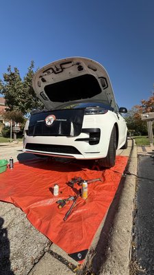 Water Pump on a 2023 Range Rover Sport - This customer was noticing that he was losing coolant at an unusually alarming rate. Upon inspection we found the water pump to be leaking. We were able to renew that water pump right in his driv