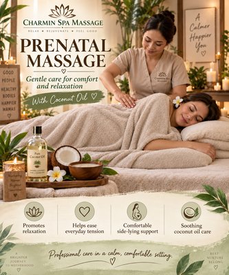 Prenatal Massage - Our prenatal massage is designed to provide gentle, comfortable care during pregnancy. The session uses light, soothing techniques and coconut oil to help ease pregnancy-related muscle tension, support relaxation, and create a calm spa experience. Side-lying support and extra cushioning are used for added comfort.