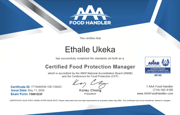 Certified Food Protection Manager - Important information for Cottage Food Operation

"These products were produced in a home kitchen not subject to public health inspection that may also process common food allergens. If you have safety concerns, contact your local health department."