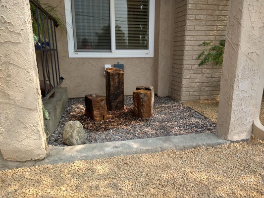 Desert Landscape project/1 - This customer added a colorful appearance to there landscape with low maintenance, tranquil sound of water, and selected beautiful stone fountains to give a touch of elegance and serenity. Thank you Loyd for providing pictures of your beautiful completed landscape project. All material purchased at Rio Stone Building Material inc. Desert Landscape project/1 - This customer added a colorful appearance to there landscape with low maintenance, tranquil sound of water, and selected beautiful stone fountains to give a touch of elegance and serenity. Thank you Loyd for providing pictures of your beautiful completed landscape project. All material purchased at Rio Stone Building Material inc.