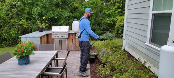 General pest control service - This is the most common pest control service. It can be done monthly, bi-monthly, quarterly, or a one time service. It consists of spraying baseboards and thresholds along the interior of the home. It also includes the garage. The exterior consists of the foundation walls, doors, and porches General pest control service - This is the most common pest control service. It can be done monthly, bi-monthly, quarterly, or a one time service. It consists of spraying baseboards and thresholds along the interior of the home. It also includes the garage. The exterior consists of the foundation walls, doors, and porches