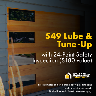 $49 Garage Door Lube & Tune-Up Service - Keep your garage door operating safely and efficiently with our preventative maintenance service. This special includes a complete lube and tune-up along with a 24-point safety inspection valued at $180, helping identify potential issues before they become costly repairs.