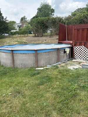 Completely rusted rehab - This pool came with the house! We can just start there. So this was a bad one. This pool was complete rusted around the bottom and even separated in certain parts of the pool. Needed tons of sheet metal, hundreds of rivets, and new side reinforcements to hold it all together. We honestly were not going to take the job but the customer pleaded and his daughter was really looking forward to it. I personally put in days of extra man hours but when it was done we were able to all sit back and enjoy the great job and outcome. I underestimated the work but as we like to think of ourselves as above ground specialists, we just knew we had to get it done and make sure the customer was happy with the results. Completely rusted rehab - This pool came with the house! We can just start there. So this was a bad one. This pool was complete rusted around the bottom and even separated in certain parts of the pool. Needed tons of sheet metal, hundreds of rivets, and new side reinforcements to hold it all together. We honestly were not going to take the job but the customer pleaded and his daughter was really looking forward to it. I personally put in days of extra man hours but when it was done we were able to all sit back and enjoy the great job and outcome. I underestimated the work but as we like to think of ourselves as above ground specialists, we just knew we had to get it done and make sure the customer was happy with the results.