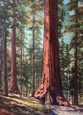 Cleaning of Oil Painting by A. Putnam - A beautiful scene of a picnic in California's redwood forests came to us with heavy smoke deposits from hanging near a candle for a long time. A simple cleaning helped this artwork come back to life.