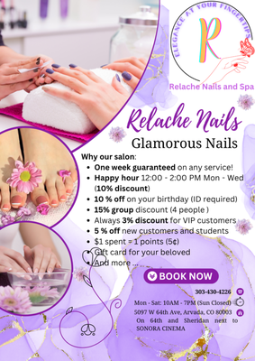 Remodel - We have recently remodeled our salon and upgraded our services. Please come and experience our high quality services with trained staffs at affordable prices.
Visit our website and book your spot.
https://relachenails.com/