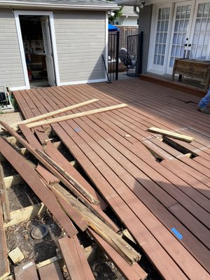 Patio deck and chimney demo - Customer needed her deck and chimney removed for a new pool they are getting so I came in with my team and we took it apart and hauled it off for her Patio deck and chimney demo - Customer needed her deck and chimney removed for a new pool they are getting so I came in with my team and we took it apart and hauled it off for her
