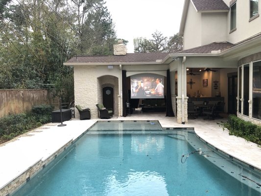 Pool Theater 2020 - Who says a Home Theater had to be indoors? This was an awesome installation completed for a customer we already had installed a complete Control4 Home Automation System for previously.  They want to be able to watch a much larger screen (even during the day) in their back yard entertainment.  We gave them an option to be able to watch from the Pool, or the covered patio.