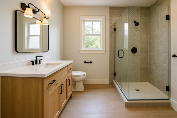 Warm & Modern Bathroom Transformation - This bathroom was fully remodeled to create a clean, timeless look that blends modern style with everyday comfort. We replaced the outdated finishes with warm wood cabinetry, quartz countertops, and new tile flooring, then installed a frameless glass shower with herringbone detailing for a high-end touch. The new layout and finishes make the space feel larger, brighter, and more inviting. Warm & Modern Bathroom Transformation - This bathroom was fully remodeled to create a clean, timeless look that blends modern style with everyday comfort. We replaced the outdated finishes with warm wood cabinetry, quartz countertops, and new tile flooring, then installed a frameless glass shower with herringbone detailing for a high-end touch. The new layout and finishes make the space feel larger, brighter, and more inviting.