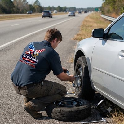 Emergency Roadside Assistance - This customer had a flat tire on the side of the highway. Our technician arrived quickly, safely changed the tire on the shoulder, and got them back on the road in no time. At JAX Discount Towing, we provide fast, reliable roadside assistance 24/7 across Jacksonville. Emergency Roadside Assistance - This customer had a flat tire on the side of the highway. Our technician arrived quickly, safely changed the tire on the shoulder, and got them back on the road in no time. At JAX Discount Towing, we provide fast, reliable roadside assistance 24/7 across Jacksonville.