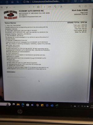 Maine State Inspection Work Order With needed Repairs - We Inspect your vehicle thoroughly . Here is an example of the actual Work Order with repairs need for the State Inspection. We can text or email this live document to you with pics and details so you are fully informed. You also have the availability to approve or decline any and all repairs. Hopefully this gives you some insight on how transparent we are while inspecting your vehicle. Maine State Inspection Work Order With needed Repairs - We Inspect your vehicle thoroughly . Here is an example of the actual Work Order with repairs need for the State Inspection. We can text or email this live document to you with pics and details so you are fully informed. You also have the availability to approve or decline any and all repairs. Hopefully this gives you some insight on how transparent we are while inspecting your vehicle.