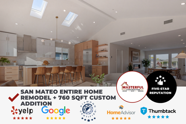 San Mateo Entire Home Remodel + 760 Sqft Custom Addition - Our client came to us with a home they wanted updated and expanded. This project gave the entire home a fresh start. We remodeled the existing spaces, built a new 760 square foot addition, and created a brighter, more open layout that feels comfortable, modern, and connected.
The kitchen became the center of the home, with custom wood and white cabinetry, stone countertops, stainless-steel appliances, and a large island for cooking, gathering, and everyday use. Vaulted ceilings, a skylight, and large windows fill the space with natural light, while the warm wood finishes keep it inviting while a large island separated a living space from the cooking space.
We carried the same clean, natural style throughout the home with light wood flooring, simple finishes, and thoughtful custom details. One of the standout features is the modern fireplace, finished with stone and vertical wood paneling to add warmth and character to the living area.
The addition created more usable living space and improved the connection between the indoors and backyard. Large sliding doors open onto a new multi-level deck, making it easy to enjoy outdoor dining, entertaining, and relaxing. San Mateo Entire Home Remodel + 760 Sqft Custom Addition - Our client came to us with a home they wanted updated and expanded. This project gave the entire home a fresh start. We remodeled the existing spaces, built a new 760 square foot addition, and created a brighter, more open layout that feels comfortable, modern, and connected.
The kitchen became the center of the home, with custom wood and white cabinetry, stone countertops, stainless-steel appliances, and a large island for cooking, gathering, and everyday use. Vaulted ceilings, a skylight, and large windows fill the space with natural light, while the warm wood finishes keep it inviting while a large island separated a living space from the cooking space.
We carried the same clean, natural style throughout the home with light wood flooring, simple finishes, and thoughtful custom details. One of the standout features is the modern fireplace, finished with stone and vertical wood paneling to add warmth and character to the living area.
The addition created more usable living space and improved the connection between the indoors and backyard. Large sliding doors open onto a new multi-level deck, making it easy to enjoy outdoor dining, entertaining, and relaxing.