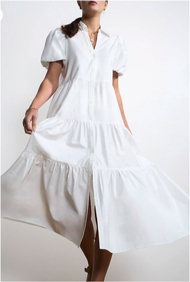 Brochu Walker - The Havana Dress - The Havana, the dress is the iconic Brochu Walker essential. In a sophisticated, signature silhouette, this white dress is assured to take you from season to season. A tiered skirt and puff sleeves give a definitive feminine appeal, while the collared V-neck and button front placket, make it as chic as it is versatile. Designed to be worn belted or loose and flowing, it is the one piece that can take you everywhere.