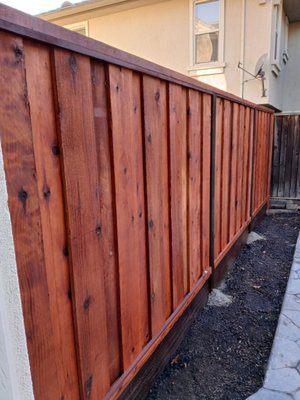 Picture Frame Board on Board - Livermore - Beautiful and Sturdy Fence for our customer sin Livermore. Redwood Con Common Boards, Pressure Treated Posts and Kickboards. FREE staining service.