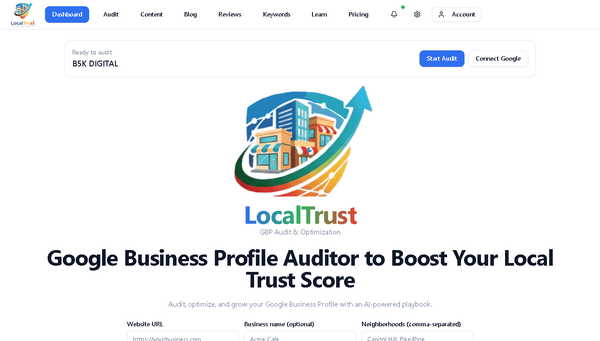 LocalTrust | App, Web & Identity Systems - For LocalTrust, B5K DIGITAL didn't just design a logo; we engineered a high-performance digital ecosystem. Using our rigorous research framework, we developed a brand identity that commands authority and a user experience (UX) optimized for local conversion.
The B5K Digital Strategy:
Branding: We crafted a visual identity rooted in "Trust Science," ensuring immediate credibility in a crowded local market.
Web & App Development: We built a lightning-fast, mobile-first interface designed to dominate search rankings and turn visitors into verified leads.
SMO Integration: The platform was engineered for seamless social sharing and reputation management, boosting the "Prominence" factor essential for Google Maps ranking.
The Result: A cohesive, automated digital presence that eliminates friction and scales trust. At B5K DIGITAL, we don't just build assets; we build market leaders. LocalTrust | App, Web & Identity Systems - For LocalTrust, B5K DIGITAL didn't just design a logo; we engineered a high-performance digital ecosystem. Using our rigorous research framework, we developed a brand identity that commands authority and a user experience (UX) optimized for local conversion.
The B5K Digital Strategy:
Branding: We crafted a visual identity rooted in "Trust Science," ensuring immediate credibility in a crowded local market.
Web & App Development: We built a lightning-fast, mobile-first interface designed to dominate search rankings and turn visitors into verified leads.
SMO Integration: The platform was engineered for seamless social sharing and reputation management, boosting the "Prominence" factor essential for Google Maps ranking.
The Result: A cohesive, automated digital presence that eliminates friction and scales trust. At B5K DIGITAL, we don't just build assets; we build market leaders.