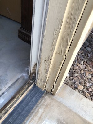 Door jamb repair. - A client had a door jamb and threshold that was rotted out. I cut out and fabricated the new jamb and replaced the threshold. It looked like new when I was finished! Door jamb repair. - A client had a door jamb and threshold that was rotted out. I cut out and fabricated the new jamb and replaced the threshold. It looked like new when I was finished!