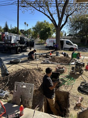 Sewer Main Repair - The customer had Sewer Main backups every 5 -6 months. We did a Sewer Camera and found root infestation, offsets in the 4" Clay Sewer Main and out in the street the Sewer Main was cracked. We did a Pipe-Burst and Perma-Liner out up to the City Sewer. No more backups. Sewer Main Repair - The customer had Sewer Main backups every 5 -6 months. We did a Sewer Camera and found root infestation, offsets in the 4" Clay Sewer Main and out in the street the Sewer Main was cracked. We did a Pipe-Burst and Perma-Liner out up to the City Sewer. No more backups.
