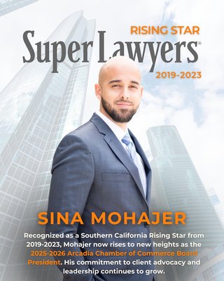 Super Lawyers Rising Star 2019-2023 - Sina Mohajer’s journey as a Southern California Rising Star continues to soar! From 2019-2023, he has set new heights in legal excellence, and now, as the 2025-2026 Board President of the Arcadia Chamber of Commerce, he's rising to even greater levels of leadership and advocacy. Super Lawyers Rising Star 2019-2023 - Sina Mohajer’s journey as a Southern California Rising Star continues to soar! From 2019-2023, he has set new heights in legal excellence, and now, as the 2025-2026 Board President of the Arcadia Chamber of Commerce, he's rising to even greater levels of leadership and advocacy.
