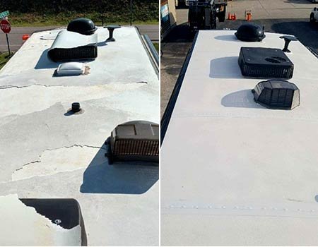 RV Roofing Repair - This RV had several leaks with water damage to interior of RV but we used gaco roof repair for seams and gaco roof coating and now they have a lifetime warranty