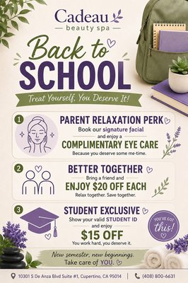 Go back to school discount - “Back to school discount “ 🎒👩🏫✍️
1. Parent 👩❤️👨relaxation perk( book a signature facial get free one eye treatment)
2. Bring a friend together get $20 off each person. Relax together and save together
3. Show your valid student ID and get $15 off Go back to school discount - “Back to school discount “ 🎒👩🏫✍️
1. Parent 👩❤️👨relaxation perk( book a signature facial get free one eye treatment)
2. Bring a friend together get $20 off each person. Relax together and save together
3. Show your valid student ID and get $15 off