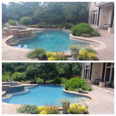 Pool Renovation Project - We gave this pool a refreshing new look with a stone to tile conversion on the spa. We also replace the pool/spa waterline tile, resurfaced the pool/spa, replaced the lights, sealed the stone, replaced the spa stone, and replaced a pump on this project.