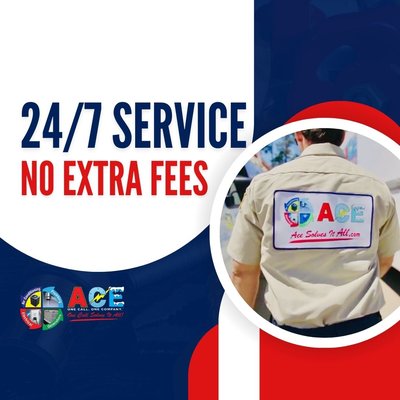 24/7 Emergency AC, Heating, Plumbing & Electrical Services - While other companies make you wait days or even weeks before they come to your home, that’s not the case with Ace. Beyond our extended business hours of 7 a.m. to 7 p.m., we offer true 24/7 emergency service for no extra charge. When you need us, we’ll be there. 24/7 Emergency AC, Heating, Plumbing & Electrical Services - While other companies make you wait days or even weeks before they come to your home, that’s not the case with Ace. Beyond our extended business hours of 7 a.m. to 7 p.m., we offer true 24/7 emergency service for no extra charge. When you need us, we’ll be there.