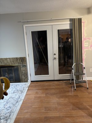 Double French door install - Removed the two old slider doors and had to cut out some of the wall and move the electric 1 1/2ft over to the right so the the new door would fit in the rough opening. Installed the double French door and sealed it all up Double French door install - Removed the two old slider doors and had to cut out some of the wall and move the electric 1 1/2ft over to the right so the the new door would fit in the rough opening. Installed the double French door and sealed it all up