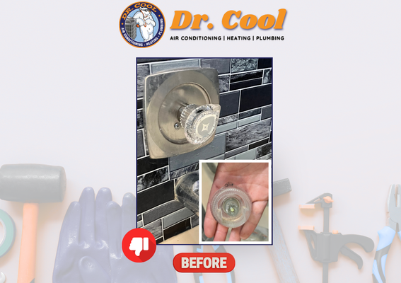 Shower Handle Replacement - A damaged shower handle can make it difficult to properly operate the shower. Dr. Cool responded to a service call at Sixshooter Drive in Las Vegas, where the upstairs master bathroom shower handle was not functioning properly due to damage. Our team replaced the faulty handle and thoroughly tested the system to ensure proper operation and confirm there were no leaks or other issues. A clean repair, reliable results, and a shower working as it should. Shower Handle Replacement - A damaged shower handle can make it difficult to properly operate the shower. Dr. Cool responded to a service call at Sixshooter Drive in Las Vegas, where the upstairs master bathroom shower handle was not functioning properly due to damage. Our team replaced the faulty handle and thoroughly tested the system to ensure proper operation and confirm there were no leaks or other issues. A clean repair, reliable results, and a shower working as it should.