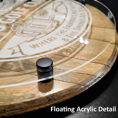 Custom 3D Whiskey Barrel Signage: The "Cornerstone" Series - This project highlights our signature "Statement Piece"—a 21-inch authentic whiskey barrel head transformed into a 3D architectural sign.

The Challenge: Creating a sign that feels both rustic and modern without looking like a generic "man cave" decoration.

The Solution: We laser-engraved the base layer for depth and texture, then mounted a custom-cut floating acrylic overlay using industrial matte-black standoffs. This creates a dynamic 3D shadow effect that changes with the lighting in the room.

Perfect For: Corporate lobbies, home bars, brewery branding, and high-end "Fan Caves."

Ready to personalize? Stop Giving Stuff | Start Giving Meaning™. Request a quote to start your design.