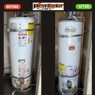 New Water Heater Installation by West Coast Plumbing - Before & After: Water Heater Replacement in Sonoma & Marin County

This Sonoma County homeowner was dealing with an old, inefficient water heater that struggled to keep up with their household’s hot water needs. West Coast Plumbing stepped in to remove the outdated tank and install a brand-new, reliable water heater.

From careful removal of the old unit to professional installation of the new system, our licensed plumbers made sure everything was set up safely, efficiently, and ready to provide dependable hot water for years to come.

If your water heater is aging, leaking, or just not performing like it used to, West Coast Plumbing can replace it quickly and professionally. Serving Sonoma and Marin County, we deliver top-to-bottom plumbing service you can count on—because every home deserves reliable, worry-free hot water.