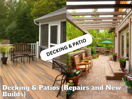 Decking & Patios (Repairs and New Builds) - We build strong decks and smooth patios that make your yard a better place to enjoy.
Our team listens to what you need and works hard to get it done right. If your deck feels old or your patio looks worn, we can fix it. We give free quotes, show up on time, and always clean up when we’re done. Let us make your outdoor space feel new again. Decking & Patios (Repairs and New Builds) - We build strong decks and smooth patios that make your yard a better place to enjoy.
Our team listens to what you need and works hard to get it done right. If your deck feels old or your patio looks worn, we can fix it. We give free quotes, show up on time, and always clean up when we’re done. Let us make your outdoor space feel new again.