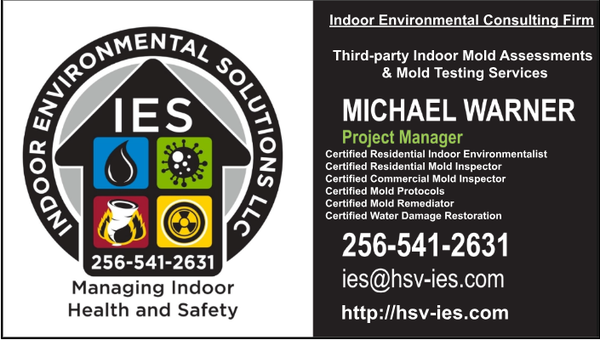 Certifications - Indoor Environmental Solutions, LLC, based in Huntsville, Alabama, is your local indoor environmental consulting firm specializing in indoor mold and air quality assessments. Contact us today at 256-541-2631 to schedule an assessment or for a free phone consultation regarding your indoor health and safety concerns. Certifications - Indoor Environmental Solutions, LLC, based in Huntsville, Alabama, is your local indoor environmental consulting firm specializing in indoor mold and air quality assessments. Contact us today at 256-541-2631 to schedule an assessment or for a free phone consultation regarding your indoor health and safety concerns.