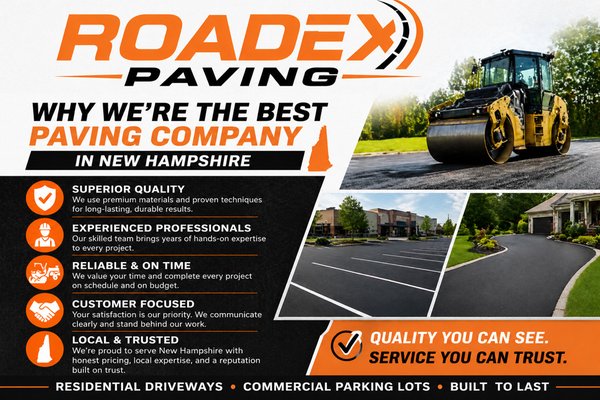 Roadex Paving - Why Choose Roadex Paving?
✔ Quality workmanship built to last
✔ Residential & commercial paving experts
✔ Reliable, on-time project completion
✔ Competitive pricing with honest estimates
✔ Fully committed to customer satisfaction
✔ Trusted service across New Hampshire Roadex Paving - Why Choose Roadex Paving?
✔ Quality workmanship built to last
✔ Residential & commercial paving experts
✔ Reliable, on-time project completion
✔ Competitive pricing with honest estimates
✔ Fully committed to customer satisfaction
✔ Trusted service across New Hampshire